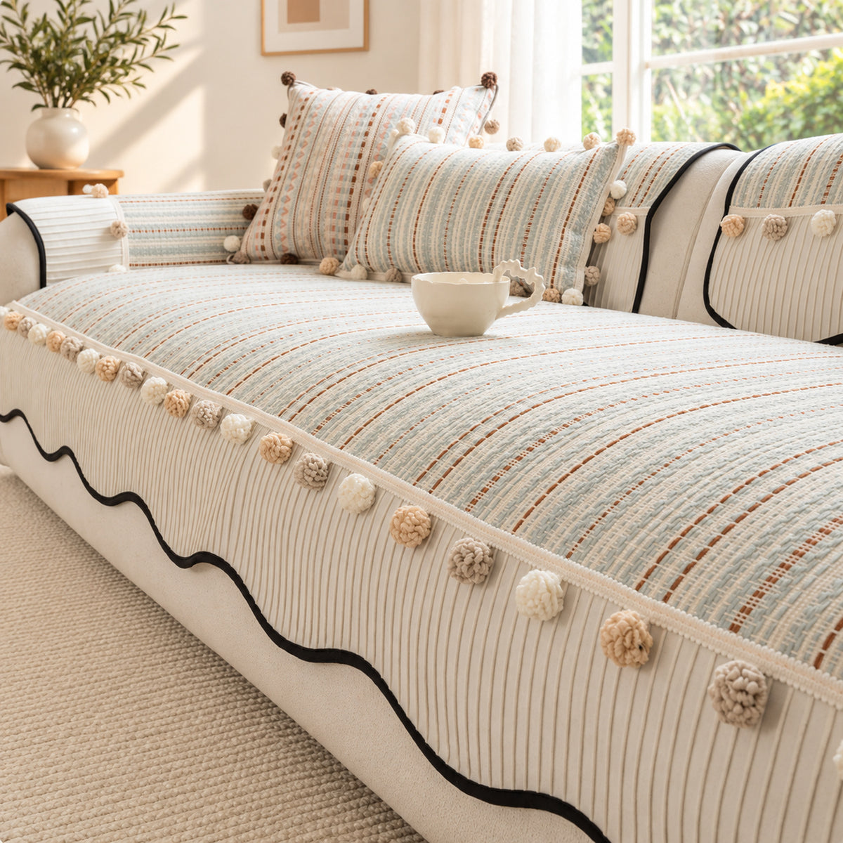 Sofa Cover in Chenille with Pom-Pom Trim | Non-Slip & Scratch-Resistant