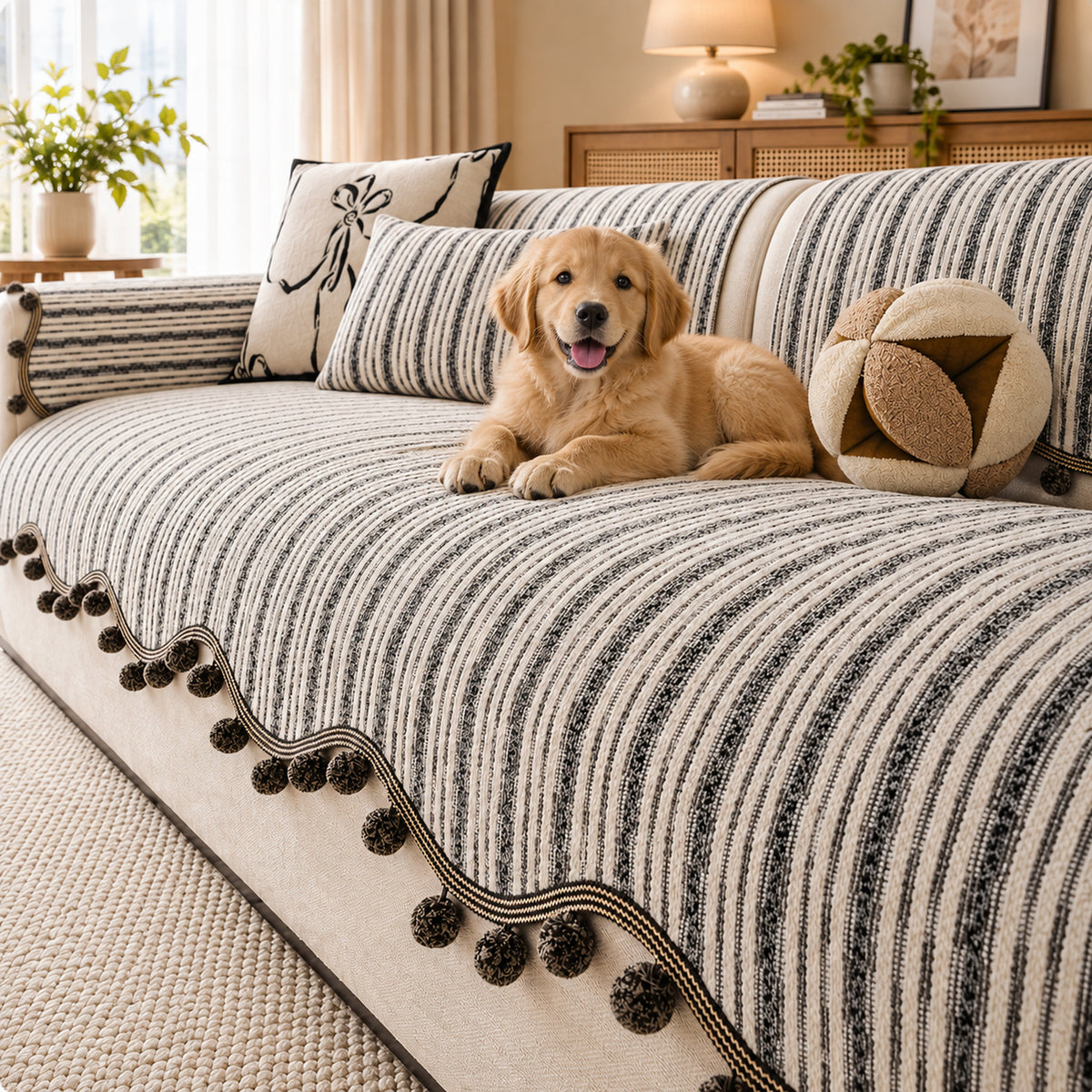 Striped Chenille Sofa Cover | Cat-Scratch-Resistant Sofa Protector | Washable & Non-Slip