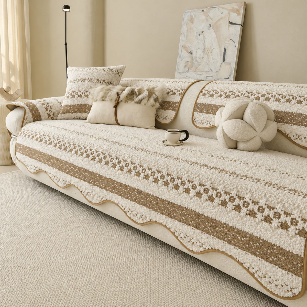 Plush Sofa Cover | Geometric Pattern with Non-Slip Backing
