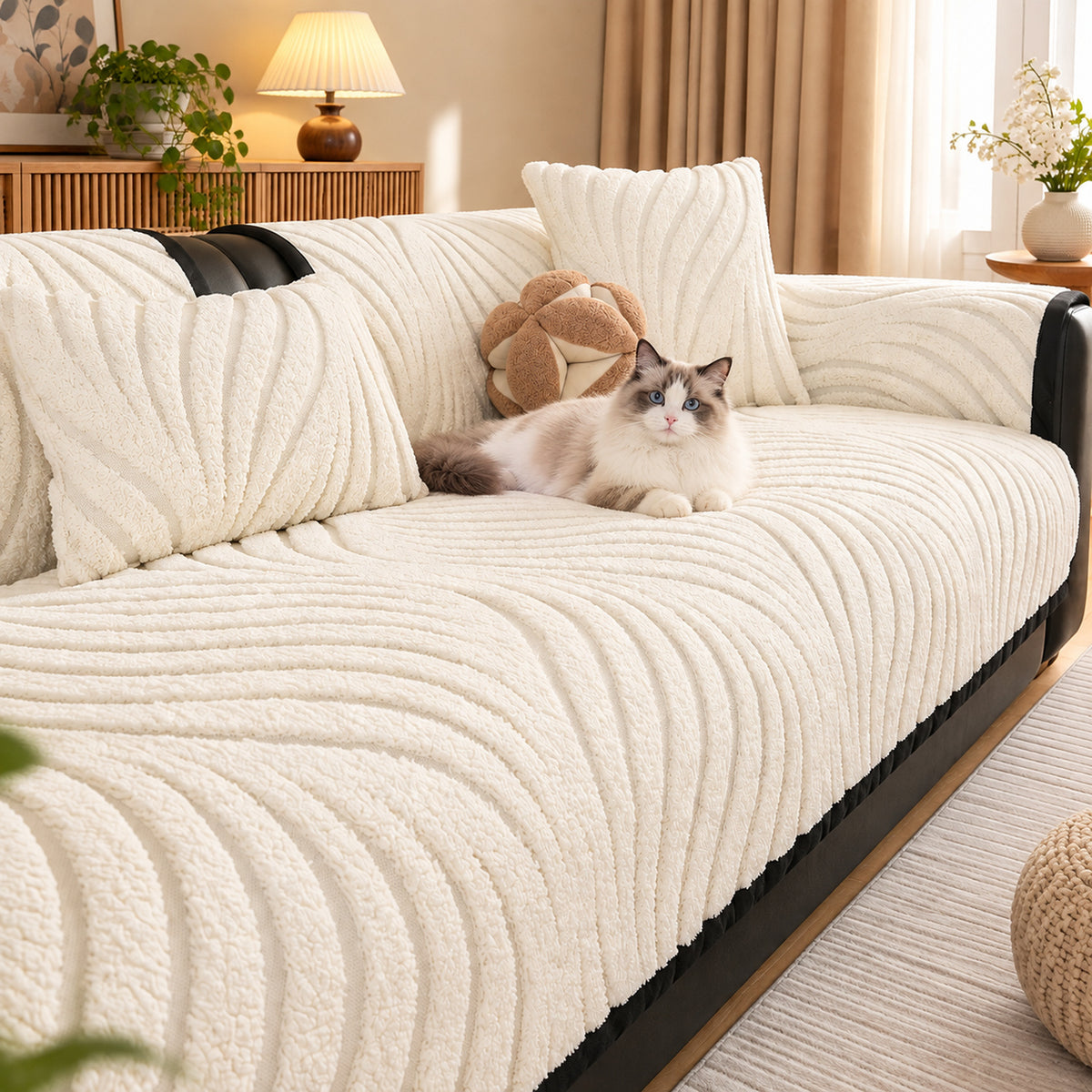 Ribbed Plush Sofa Cover | Non-Slip | Machine-Washable Sofa Protector