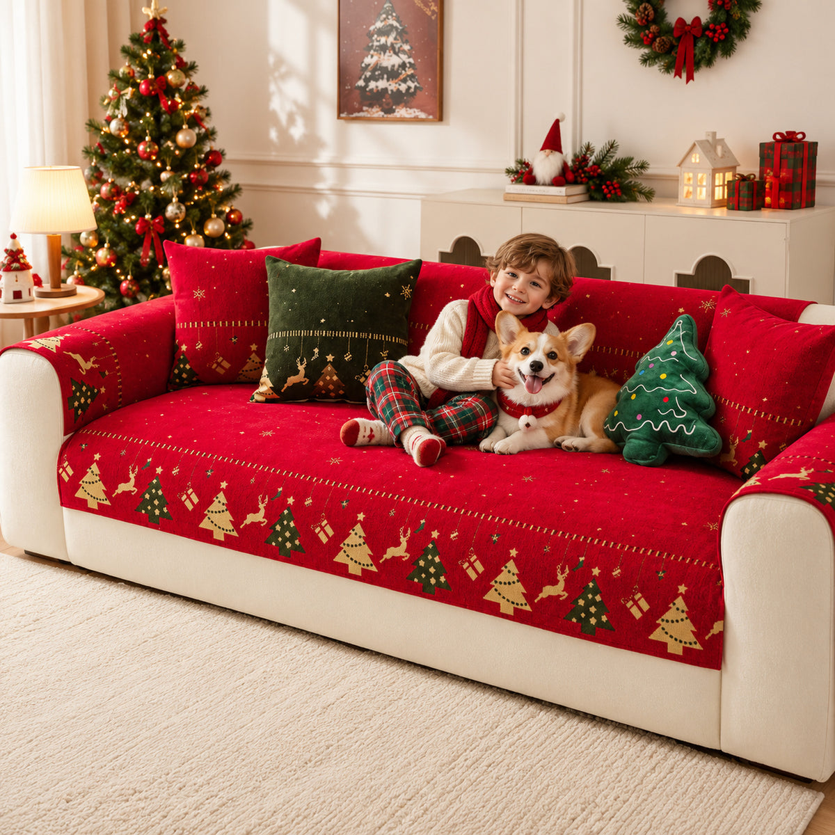 Christmas Sofa Cover | Scratch-Resistant Chenille | Non-Slip Backing