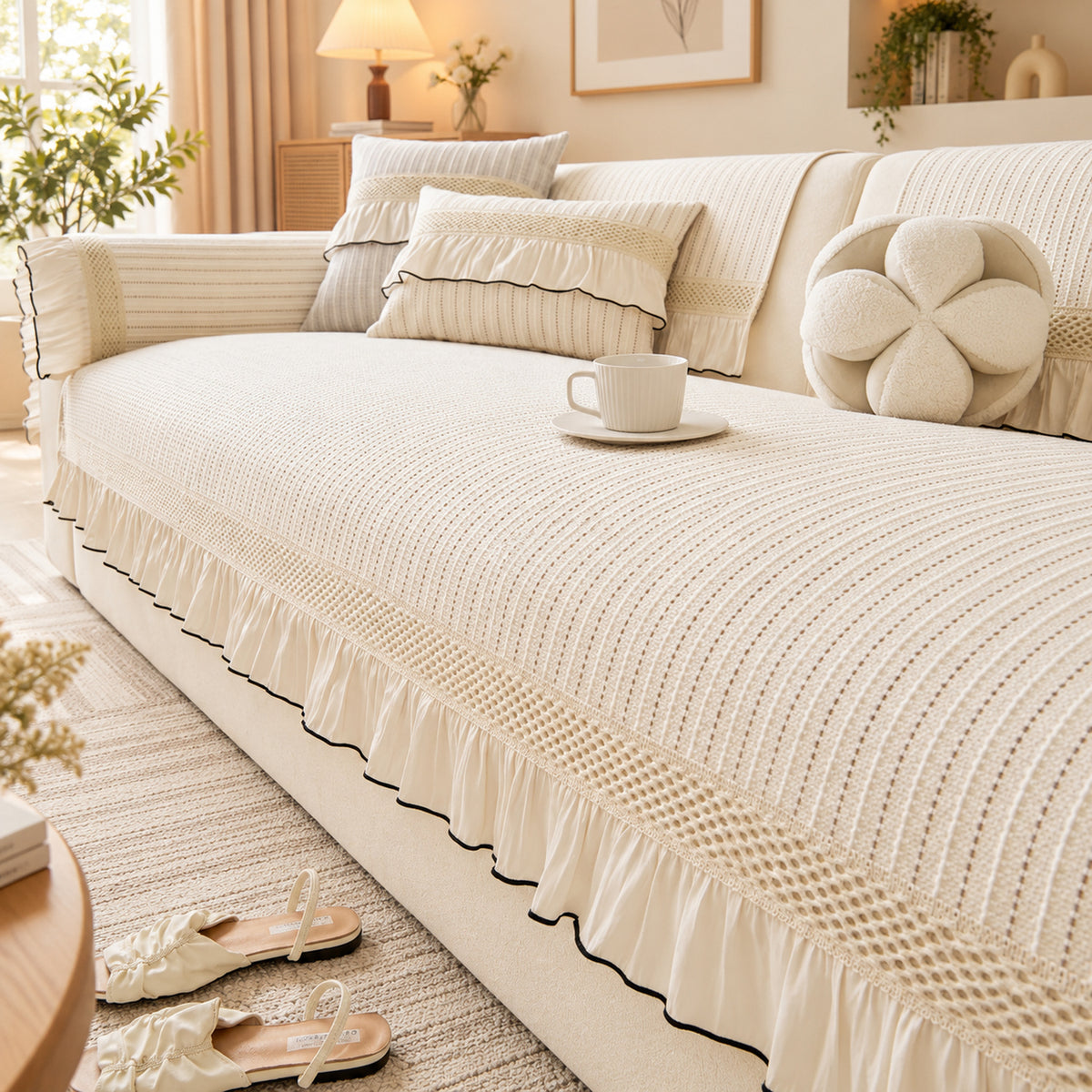 Chenille Scalloped-Edge Sofa Cover | Non-Slip Sofa Protector | Machine Washable