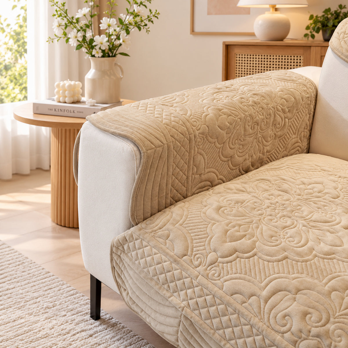 Sculpted Bloom Sofa Cover | Plush Polyester | Non-Slip & Washable