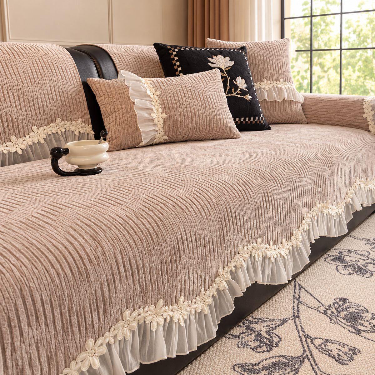Chenille Sofa Cover | Non-Slip & Machine-Washable | Sofa Protector with Lace Trim