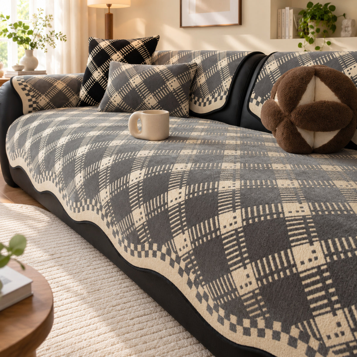 Non-Slip Sofa Cover | Checked Chenille with Plush Edging | Machine Washable