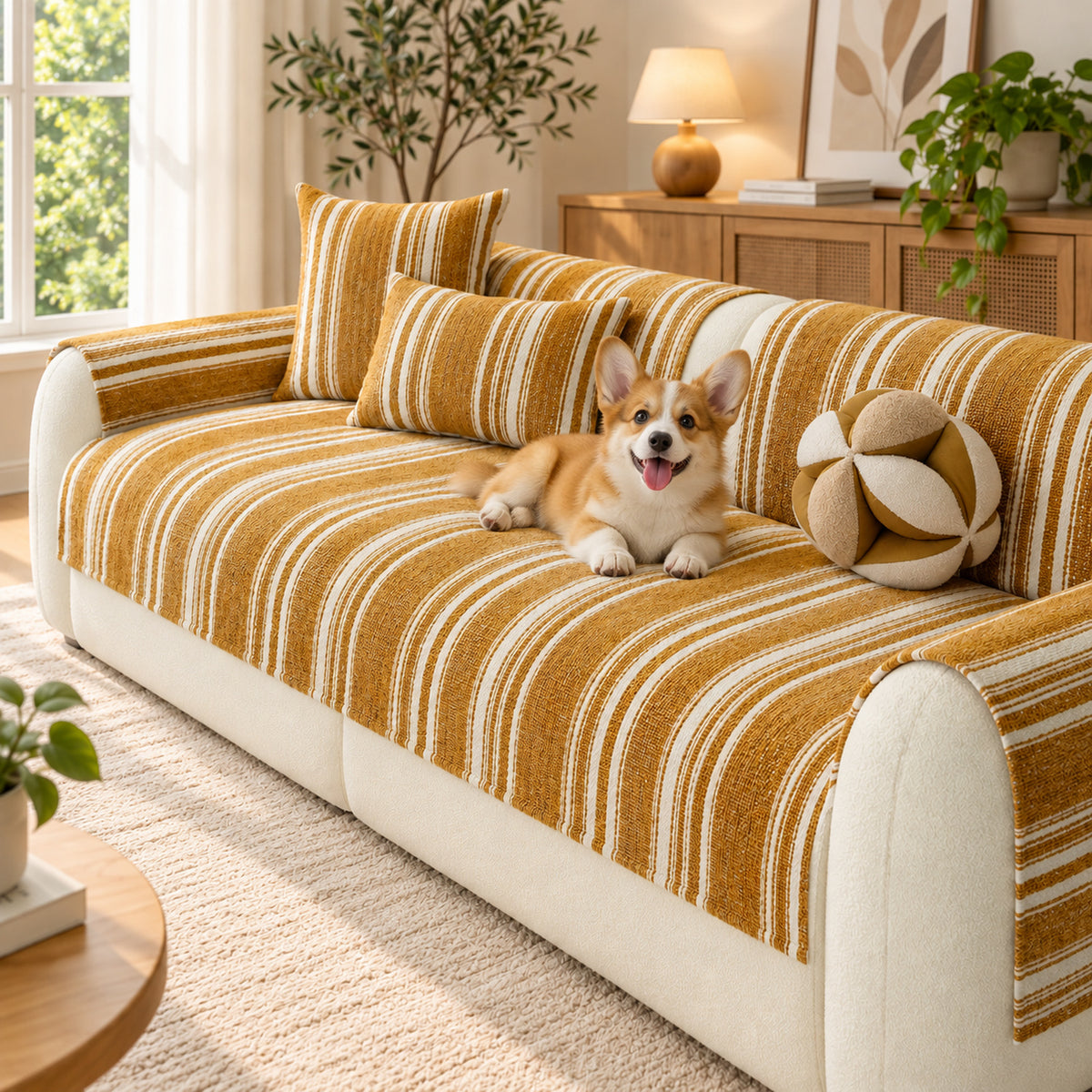 Striped Chenille Sofa Cover | Non-Slip Sofa Protector | Scratch-Resistant