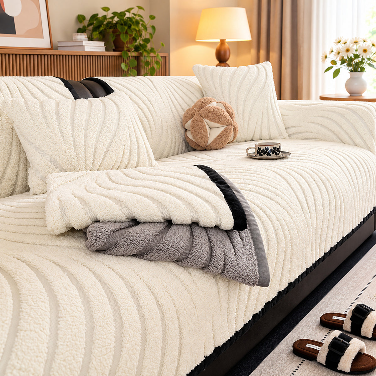 Ribbed Plush Sofa Cover | Non-Slip | Machine-Washable Sofa Protector