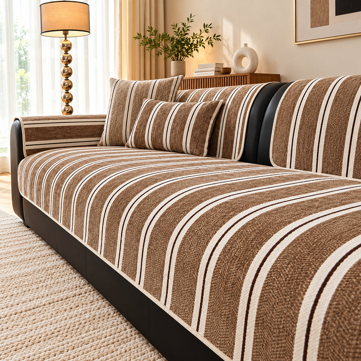 Chenille Sofa Cover | Striped Non-Slip Sofa Protector