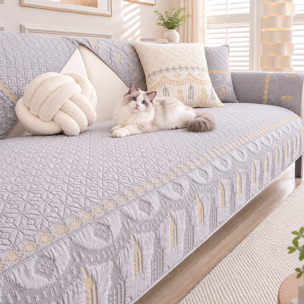 Embroidered Cotton Sofa Cover | Non-Slip Sofa Protector | Machine Washable