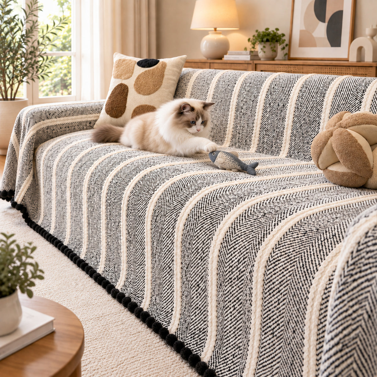 Sofa Cover | Machine-Washable Sofa Throw | Herringbone Chenille | Cat-Scratch Resistant