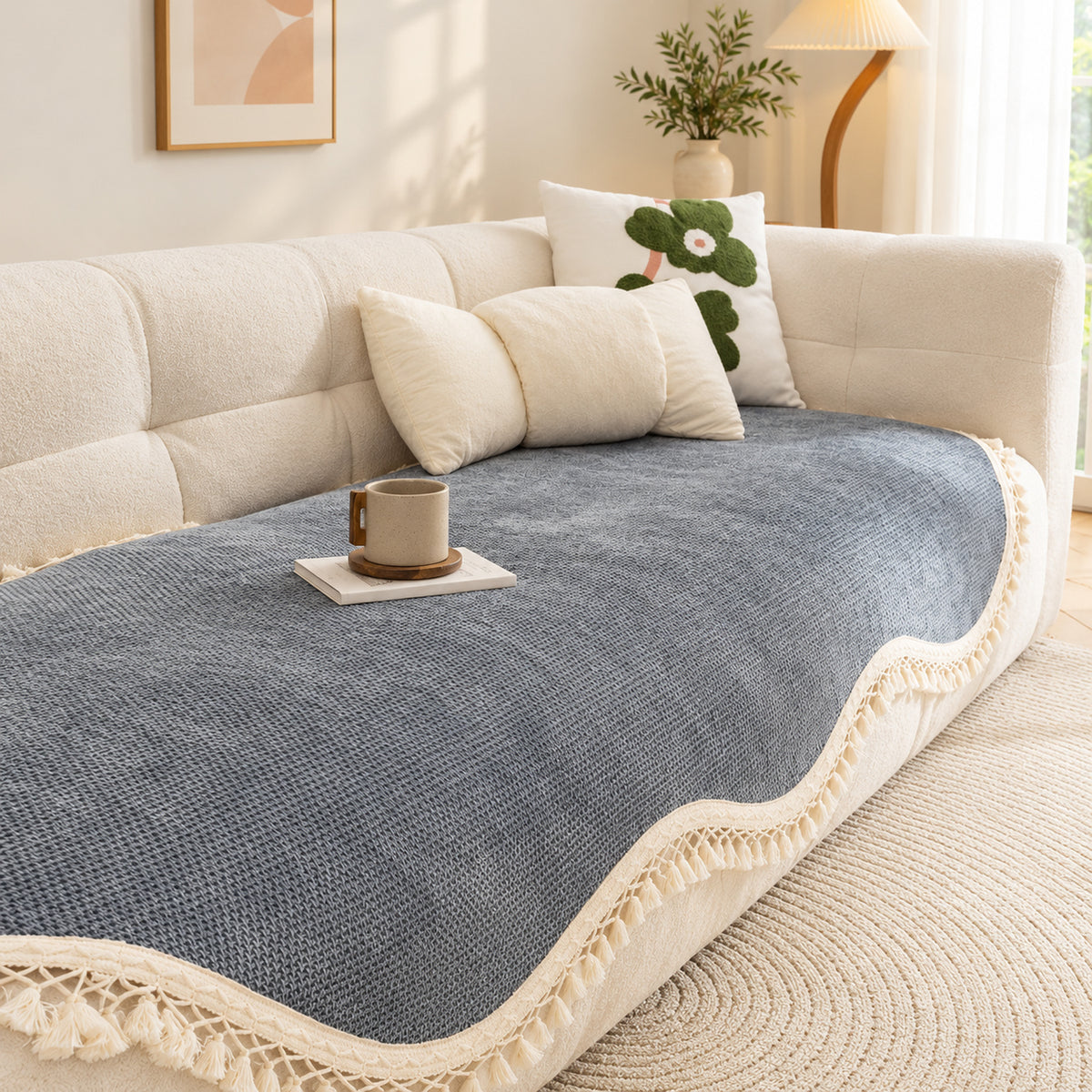 Chenille Sofa Cover | Non-Slip Washable | Sofa Protector with Tassels