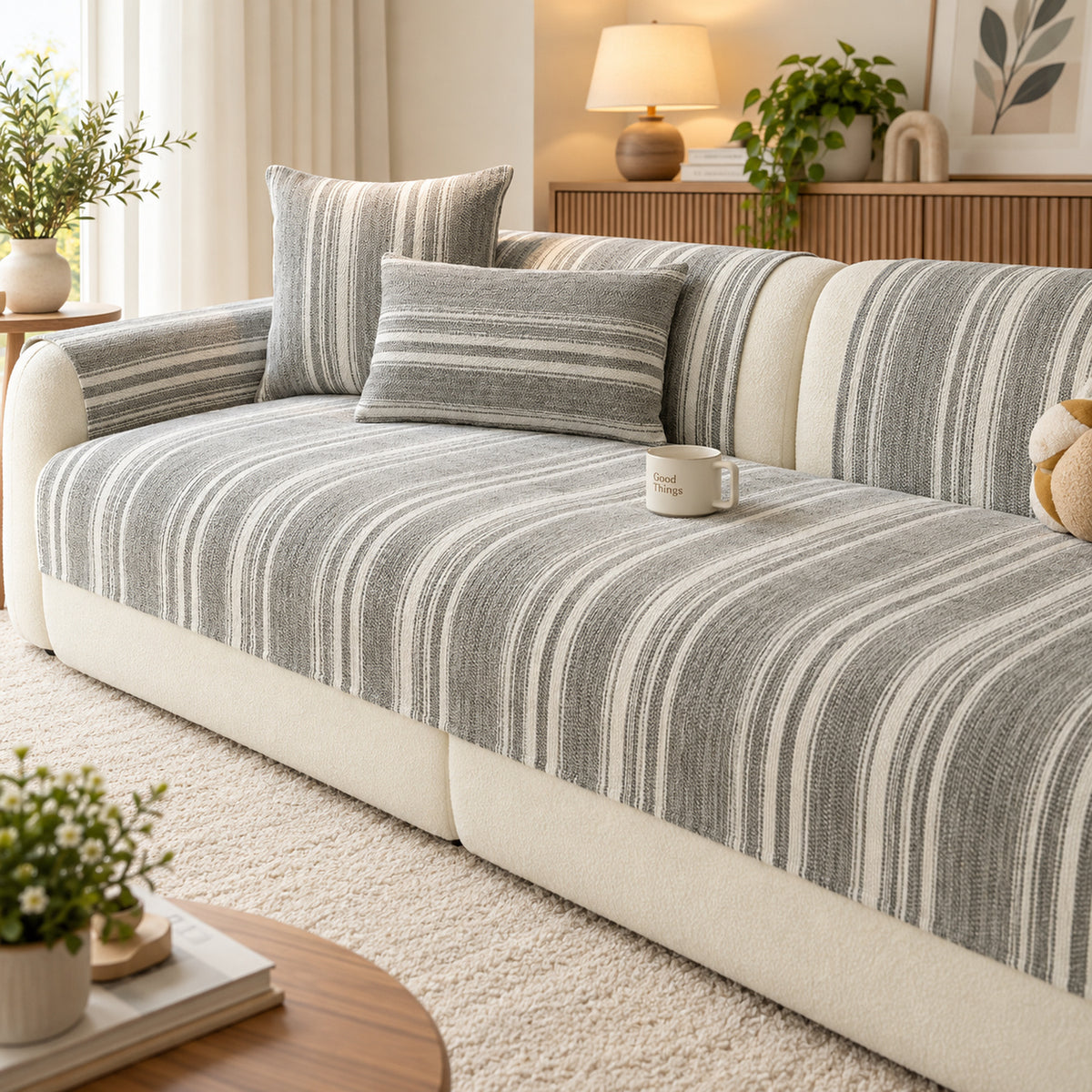 Striped Chenille Sofa Cover | Non-Slip Sofa Protector | Scratch-Resistant