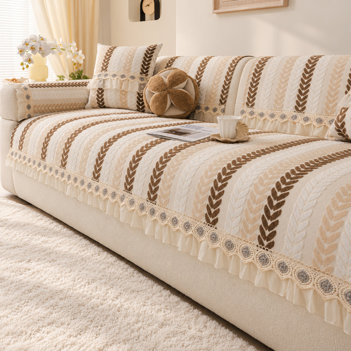 Non-Slip Sofa Cover | Wheat Leaf Chenille Design | Machine Washable & Scratch-Resistant