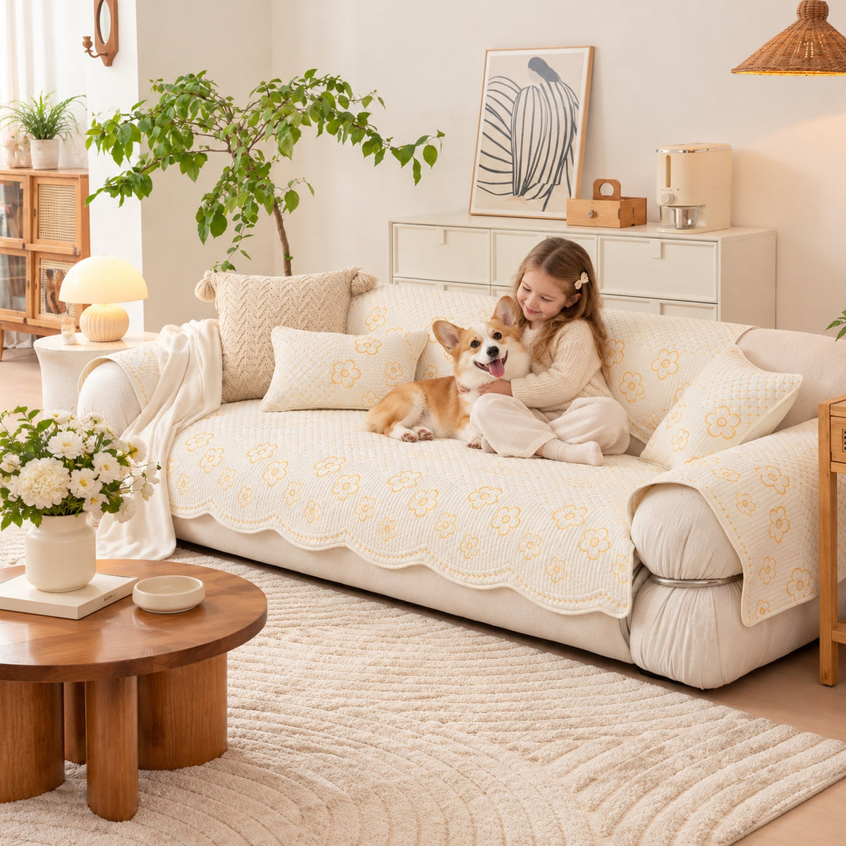 Scalloped Floral Cotton Sofa Cover | Non-Slip & Machine Washable