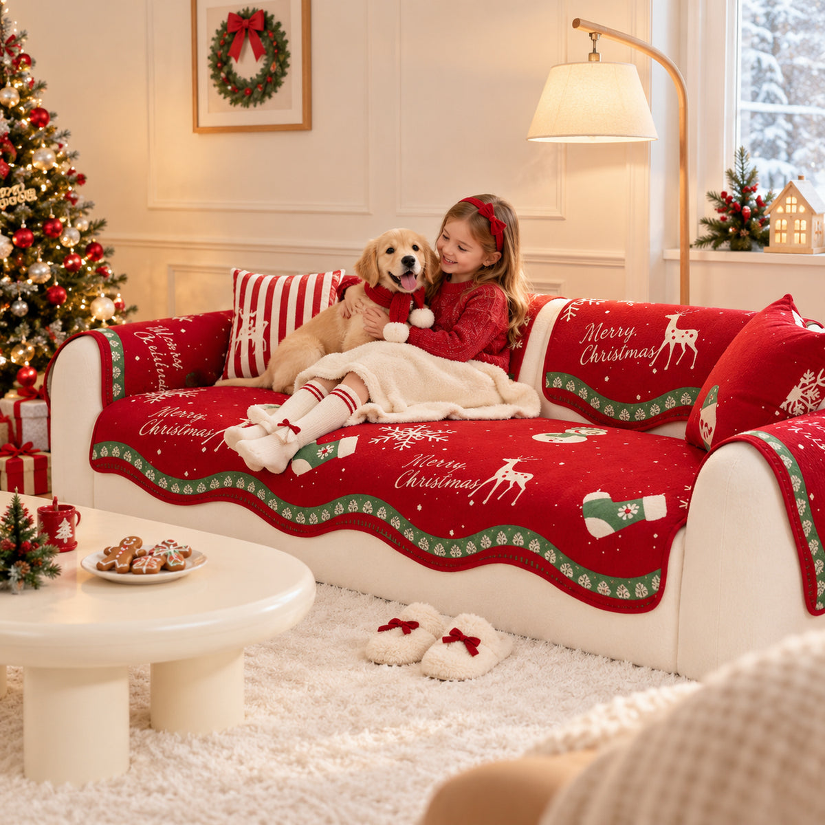 Christmas Sofa Cover | Red Chenille | Non-Slip & Washable