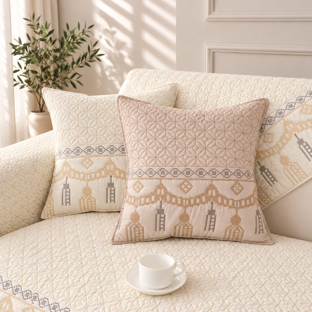 Embroidered Cotton Sofa Cover | Non-Slip Sofa Protector | Machine Washable