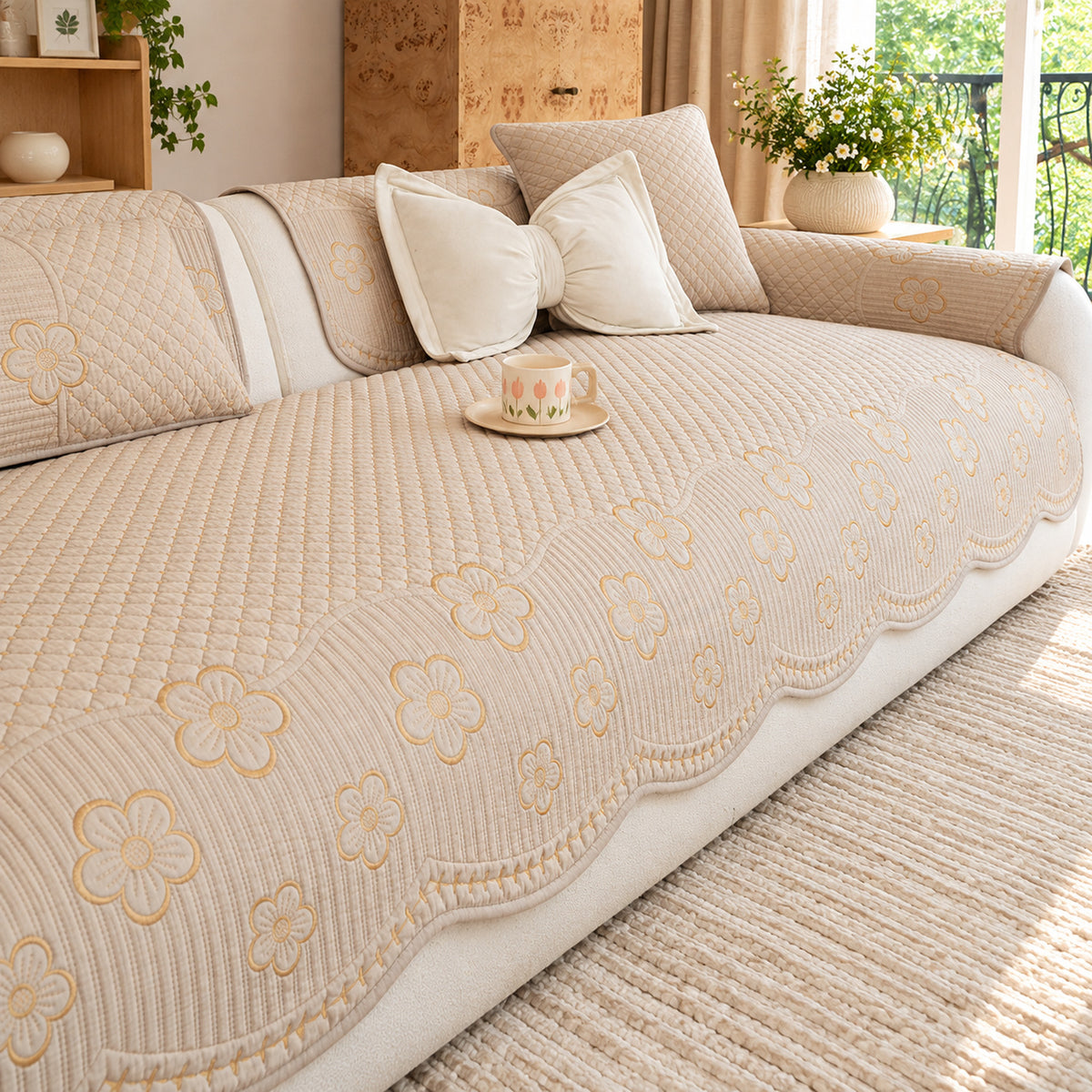 Scalloped Floral Cotton Sofa Cover | Non-Slip & Machine Washable