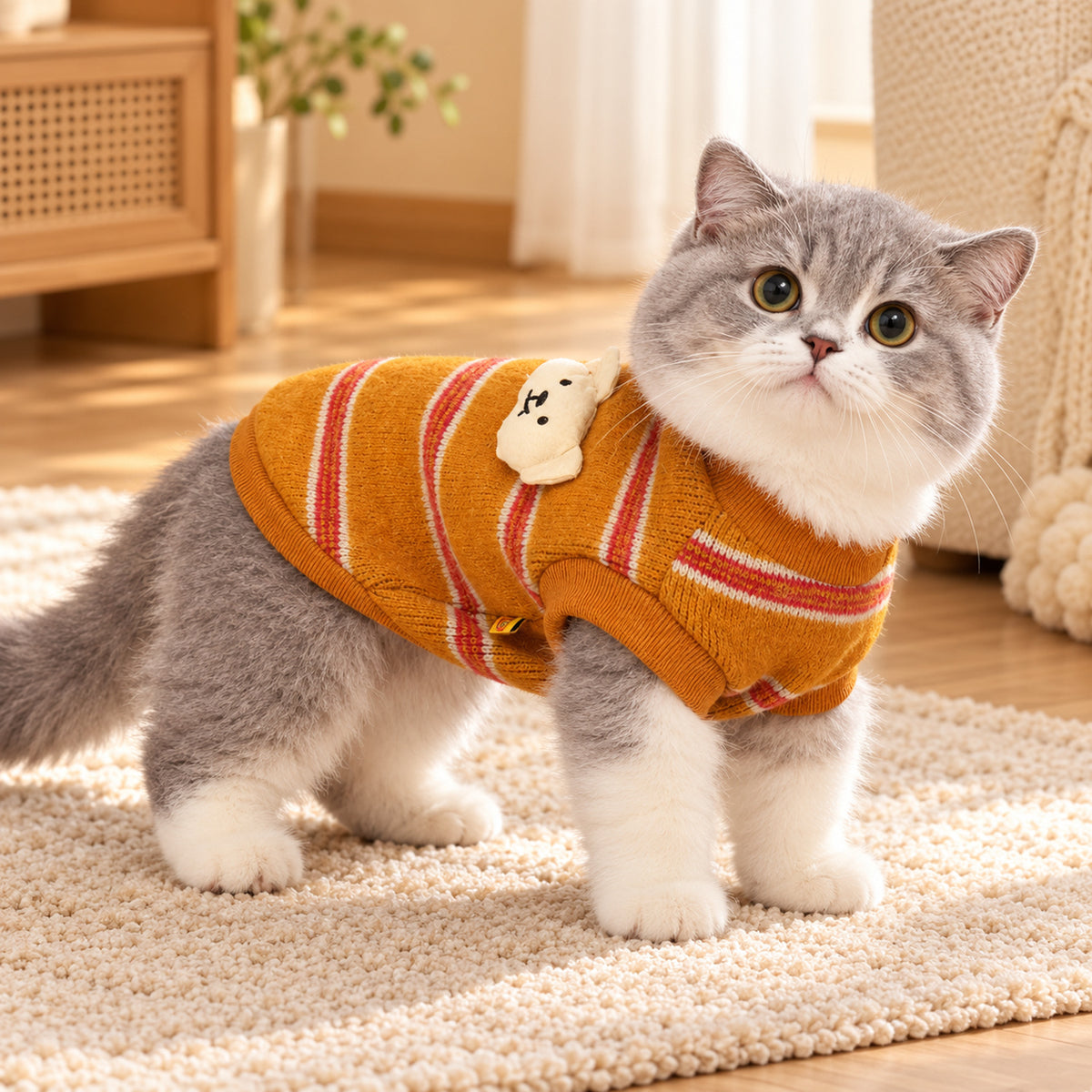 Dog Jumper with Bear Patch | Cosy Striped Winter Sweater