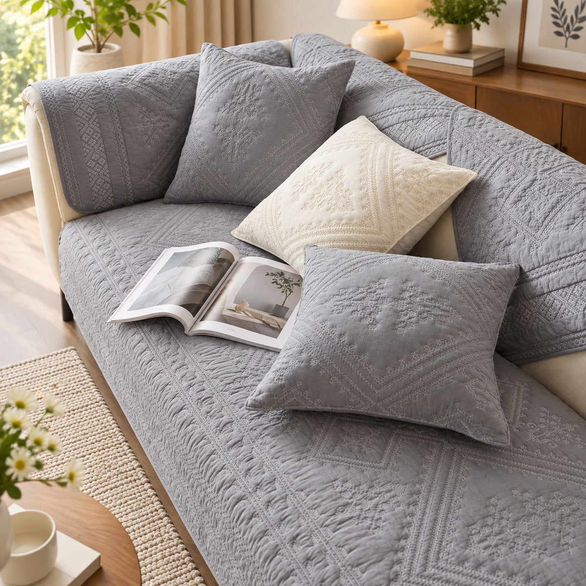 Diamond Sofa Cover | 100% Washed Cotton | Non-Slip & Washable