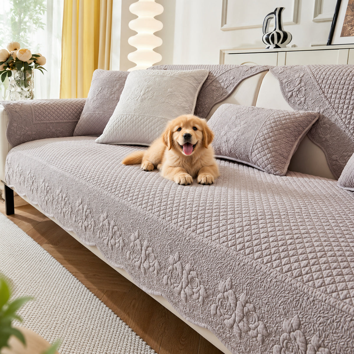 Rose Garden Sofa Cover | Quilted Cotton | Washable Sofa Protector