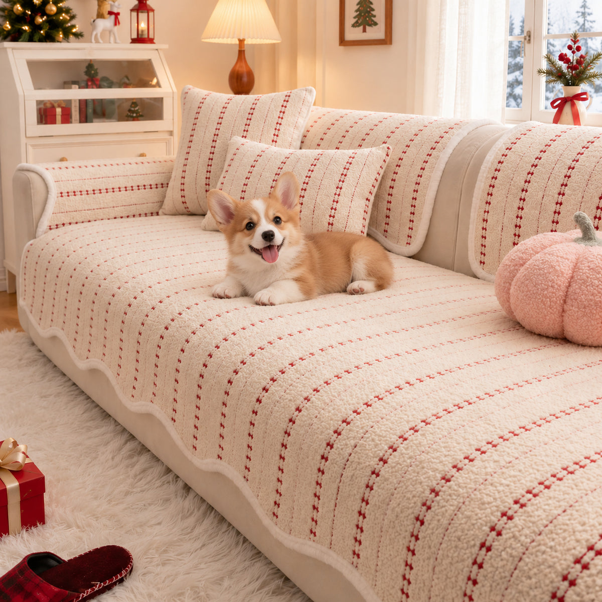 Christmas Sofa Cover | Non-Slip Plush Sofa Protector with Star Detail | Machine Washable