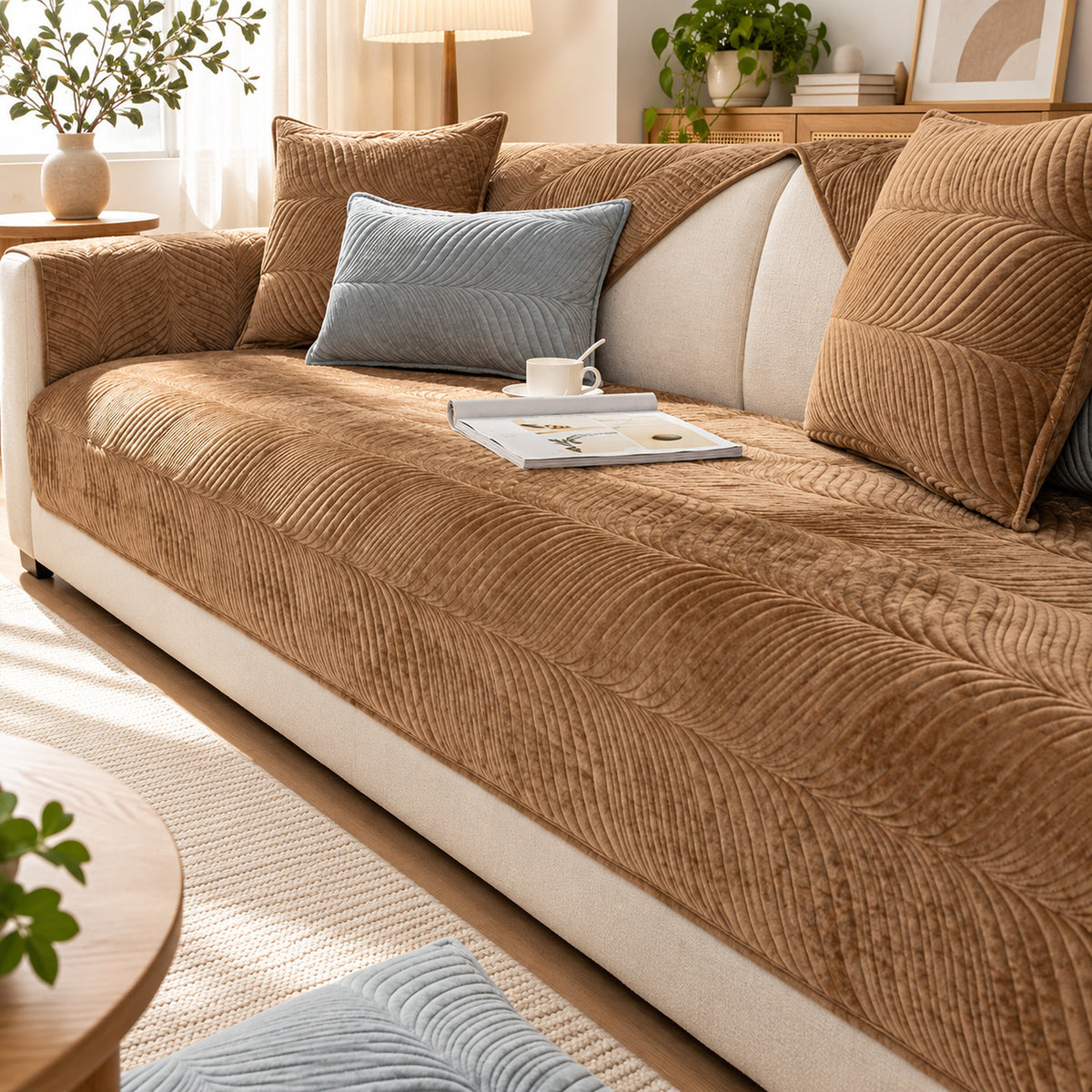 Plush Sofa Cover with Wavy Stitching | Non-Slip & Machine Washable