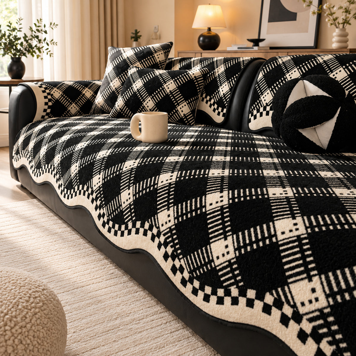 Non-Slip Sofa Cover | Checked Chenille with Plush Edging | Machine Washable