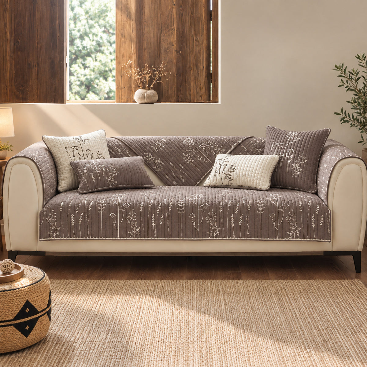 Floral Embroidered Sofa Cover | Sofa Cushion Covers | Non-Slip & Machine-Washable