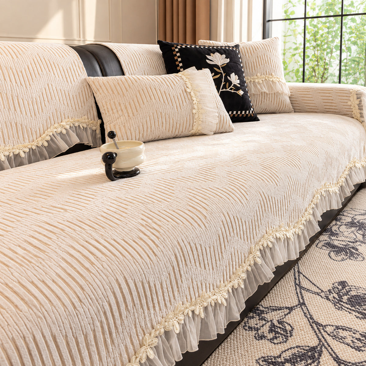 Chenille Sofa Cover | Non-Slip & Machine-Washable | Sofa Protector with Lace Trim