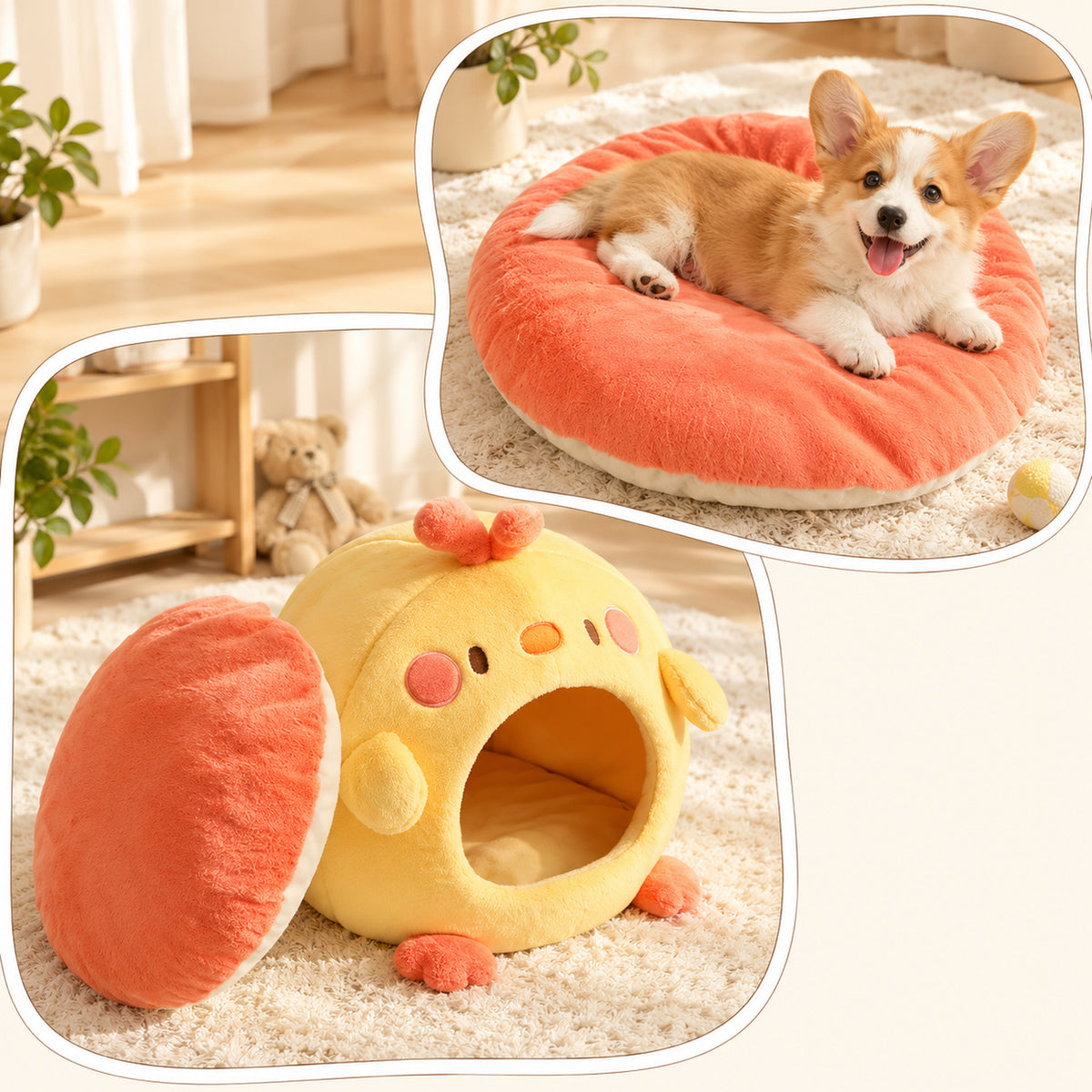 Chick-Shaped Cat Bed & Small Dog Bed | Washable Plush, Non-Slip Base