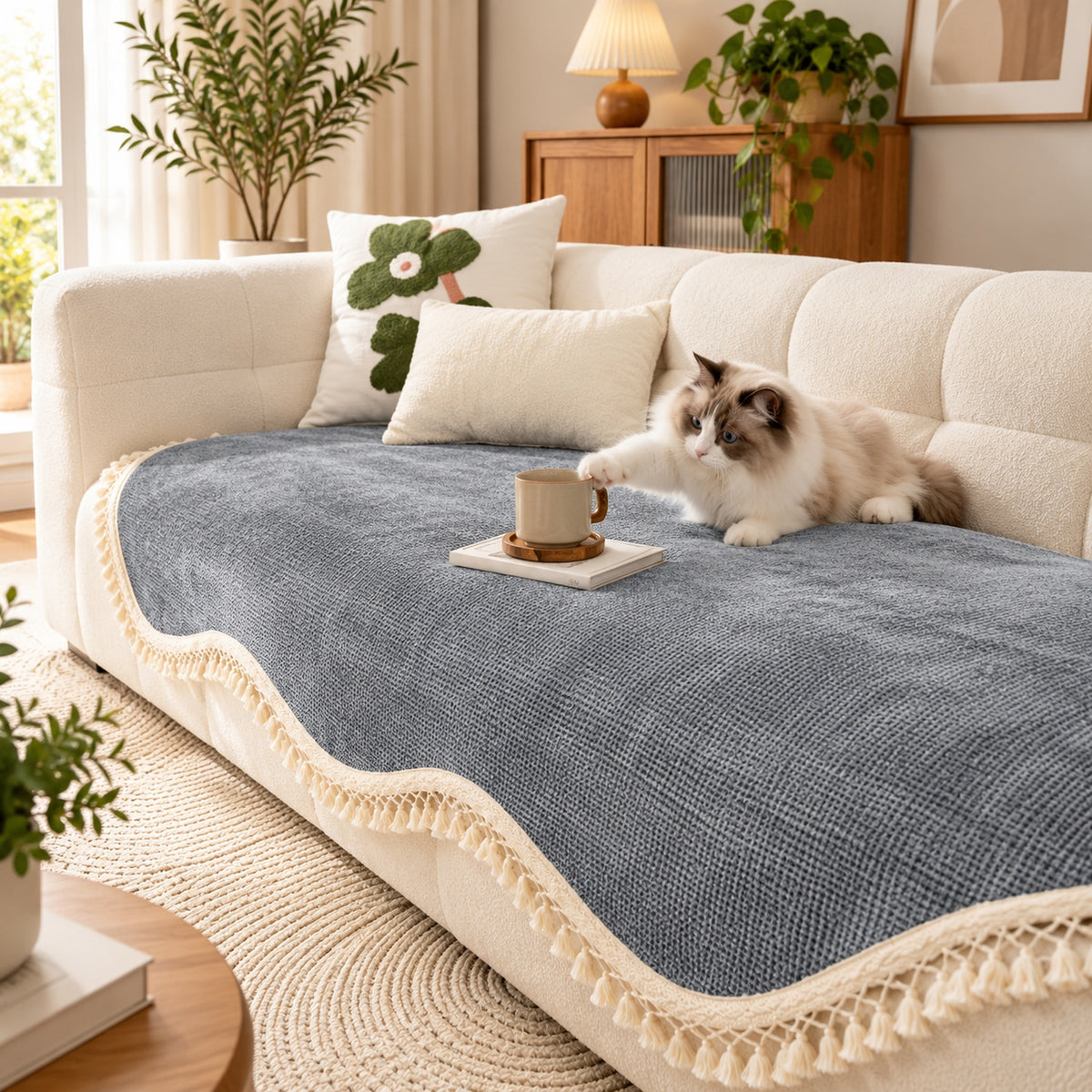 Chenille Sofa Cover | Non-Slip Washable | Sofa Protector with Tassels