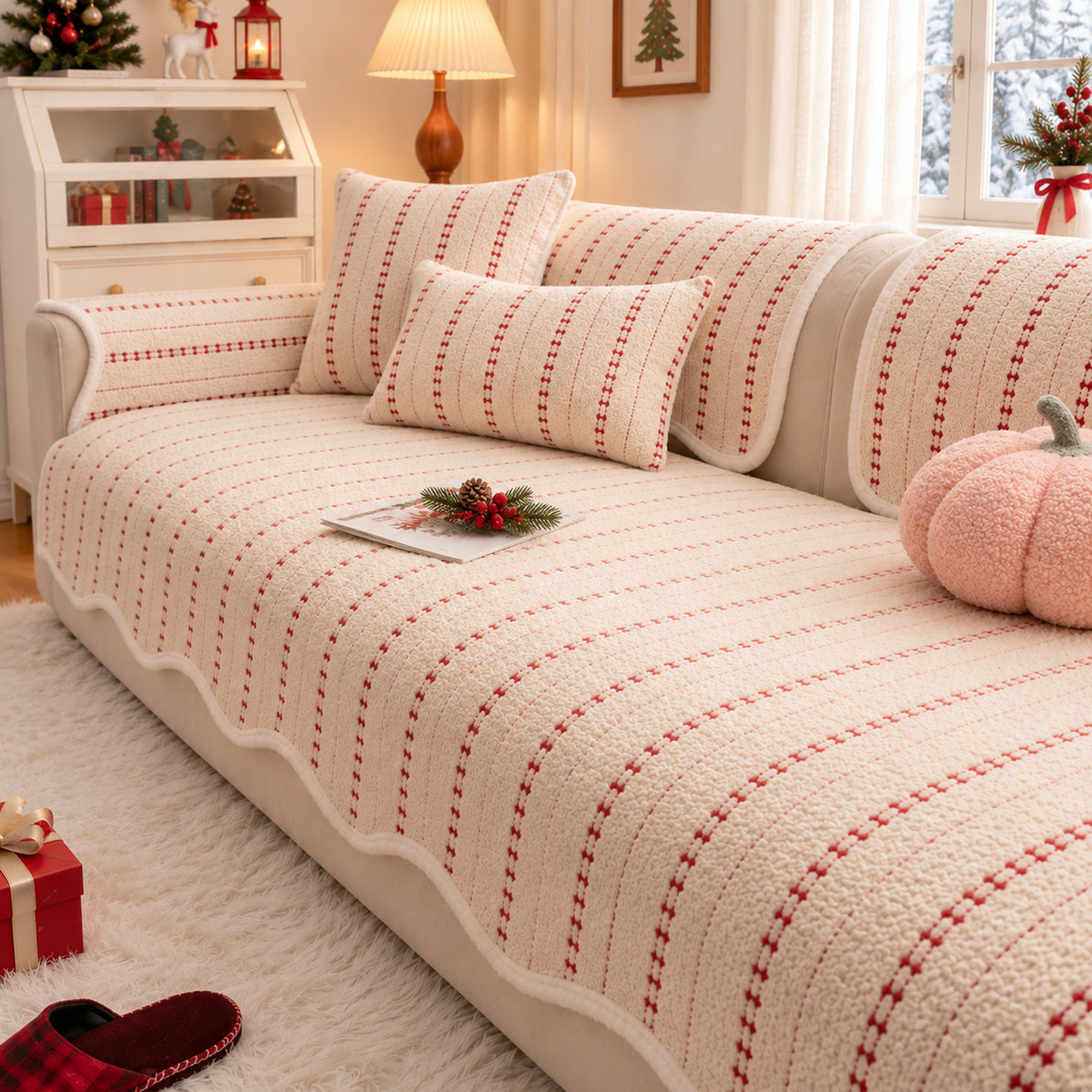 Christmas Sofa Cover | Non-Slip Plush Sofa Protector with Star Detail | Machine Washable