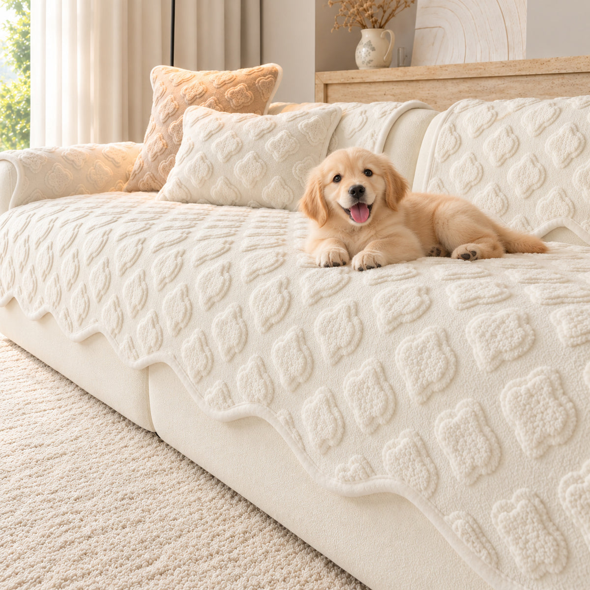Plush Sofa Cover | Raised Floral Pattern, Non-Slip & Machine Washable