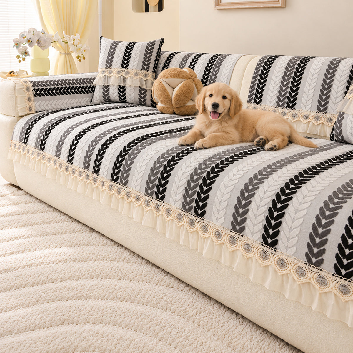 Non-Slip Sofa Cover | Wheat Leaf Chenille Design | Machine Washable & Scratch-Resistant
