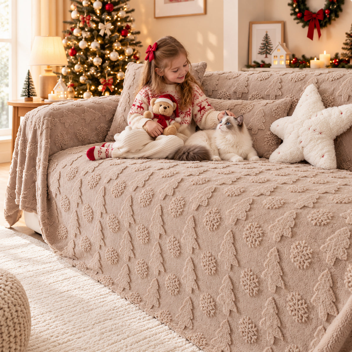 Christmas Sofa Cover | Plush Winter Sofa Throw with Raised Tree Pattern | Machine Washable