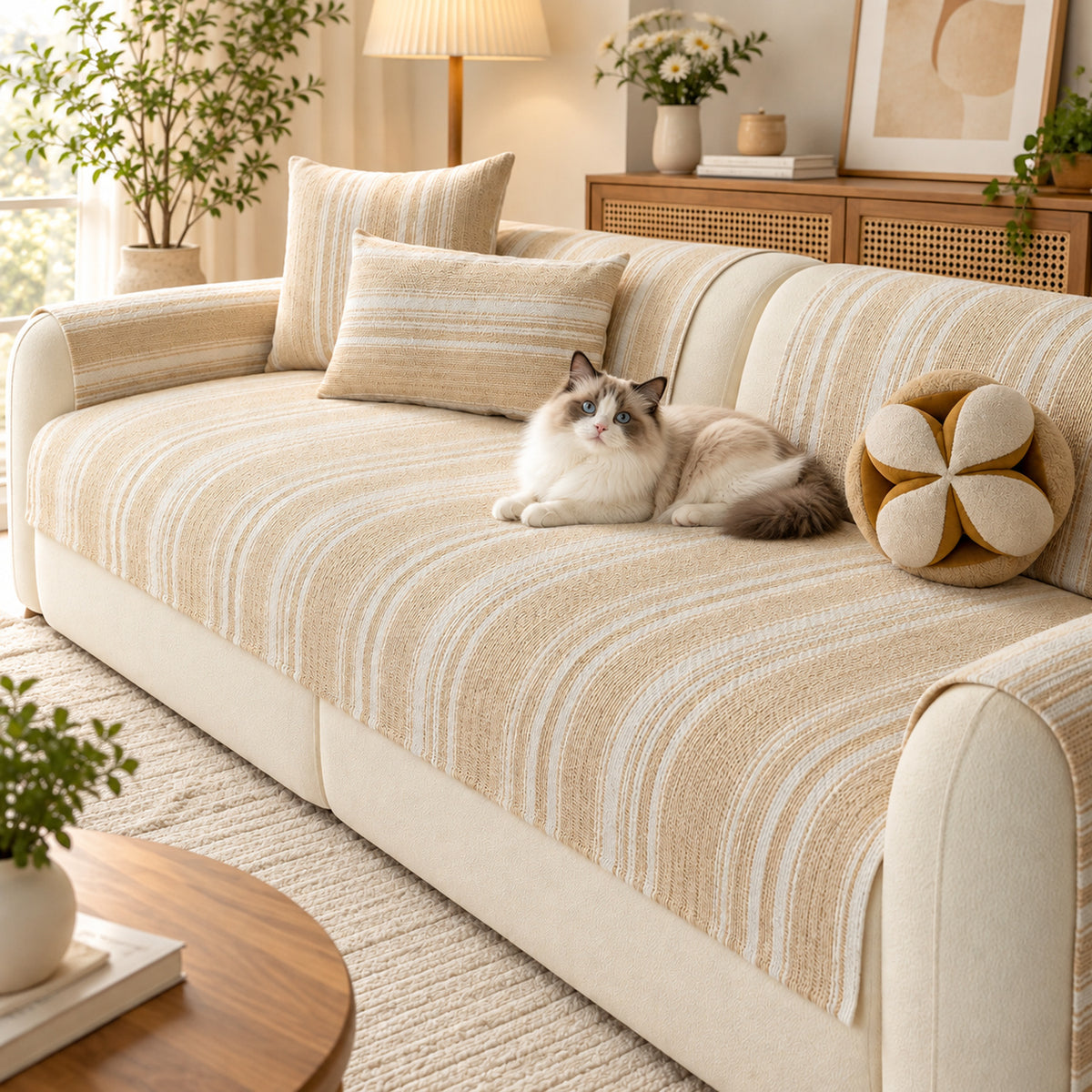 Striped Chenille Sofa Cover | Non-Slip Sofa Protector | Scratch-Resistant