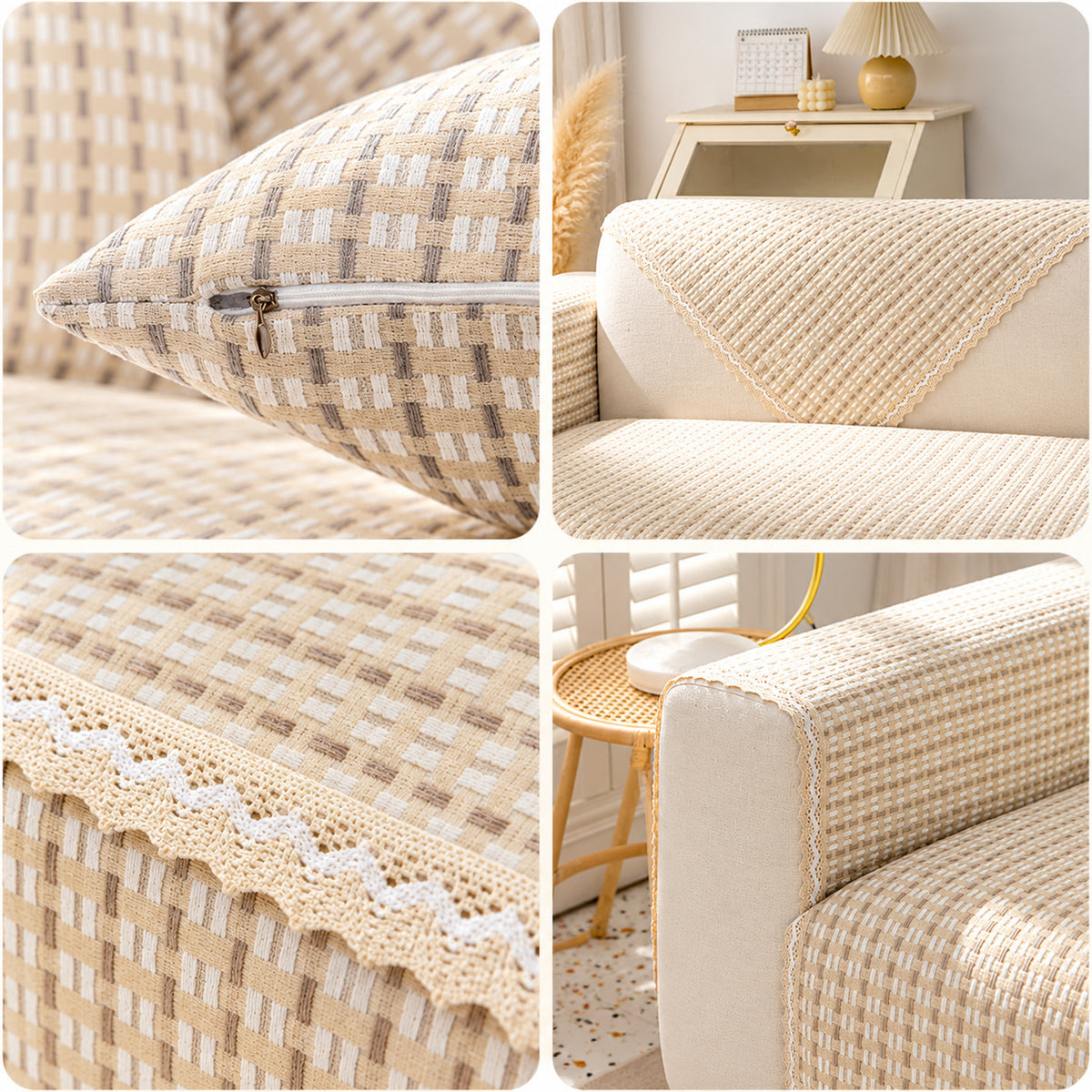 Cotton & Linen Lattice Sofa Cover | Non-Slip Washable | Sofa Protector
