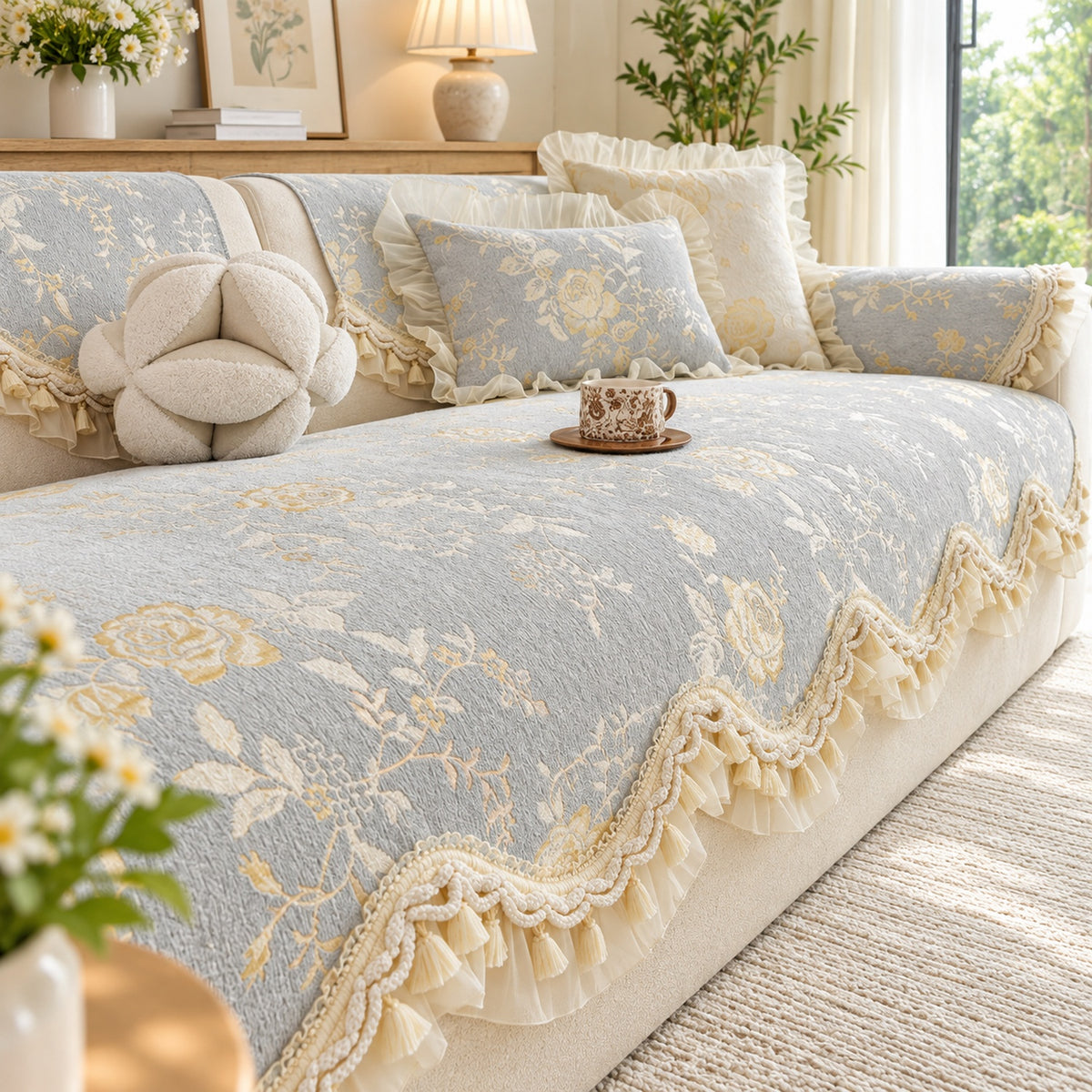 Sofa Cover | Non-Slip & Machine Washable | Chateau Rose Floral Chenille