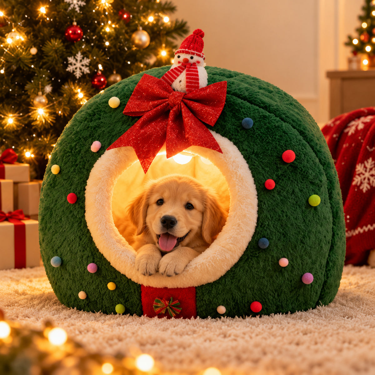 Christmas Dog Bed | Cosy Cave for Small Dog and Cat | Soft Fleece, Non-Slip Base