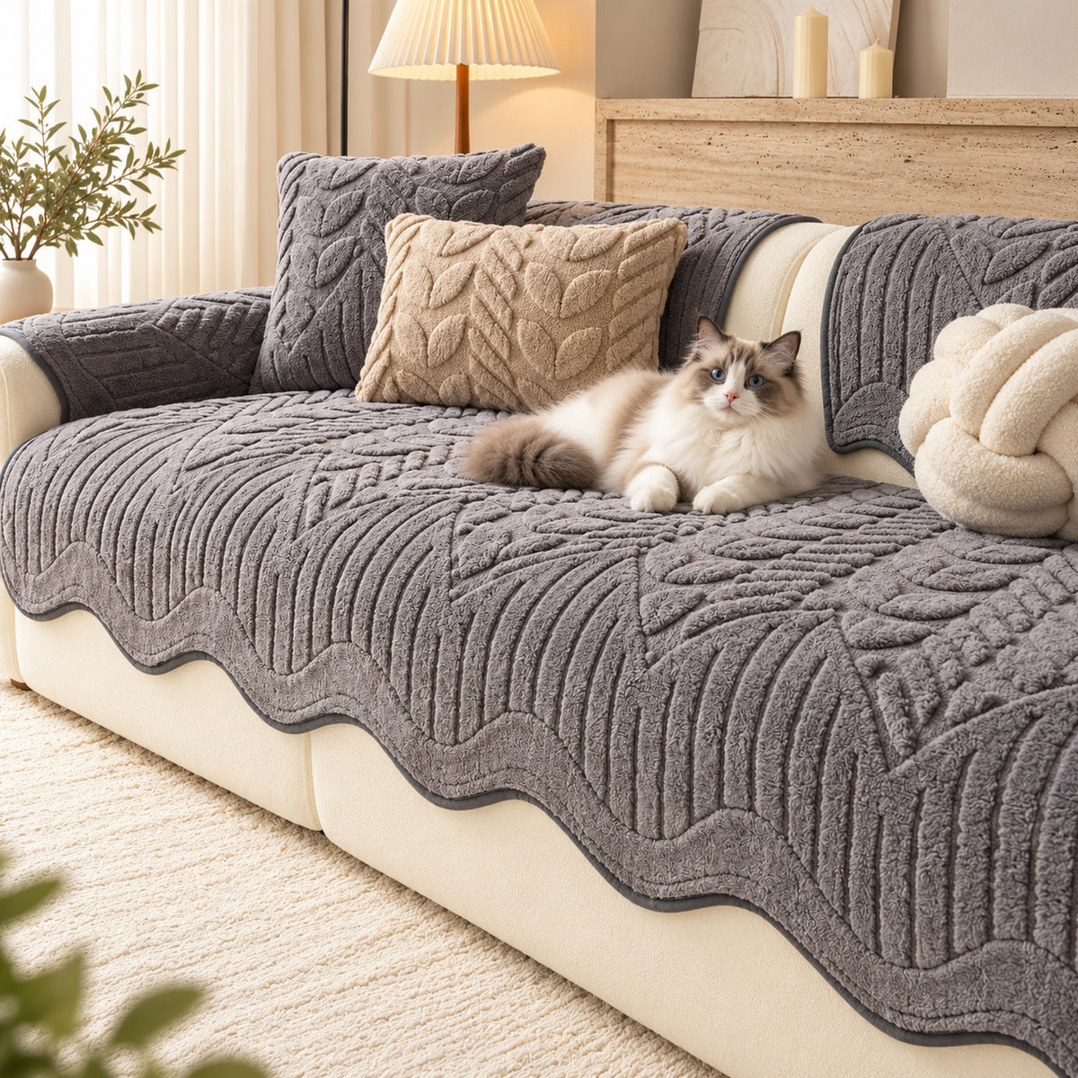 Leaf-Pattern Soft Fleece Sofa Cover | Non-Slip & Machine Washable