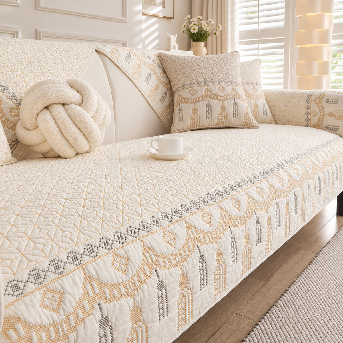 Embroidered Cotton Sofa Cover | Non-Slip Sofa Protector | Machine Washable