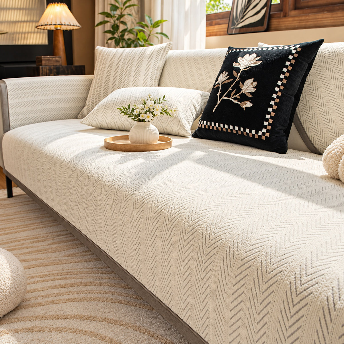 Herringbone Chenille Sofa Cover | Non-Slip & Machine Washable
