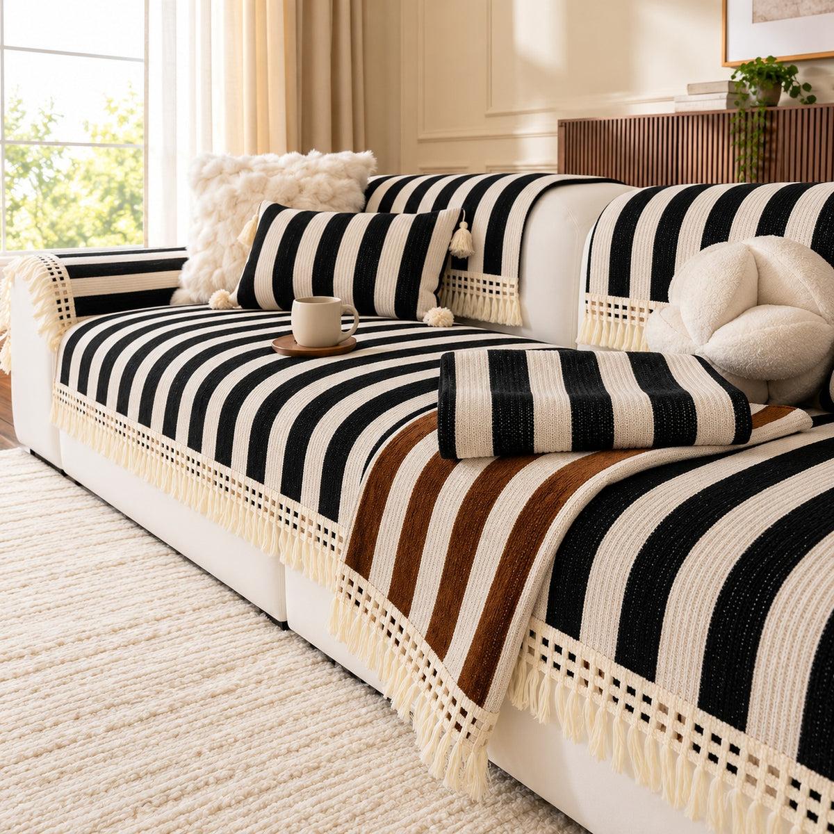 Chenille Sofa Cover | Non-Slip & Machine-Washable | Sofa Protector with Stripes and Fringe