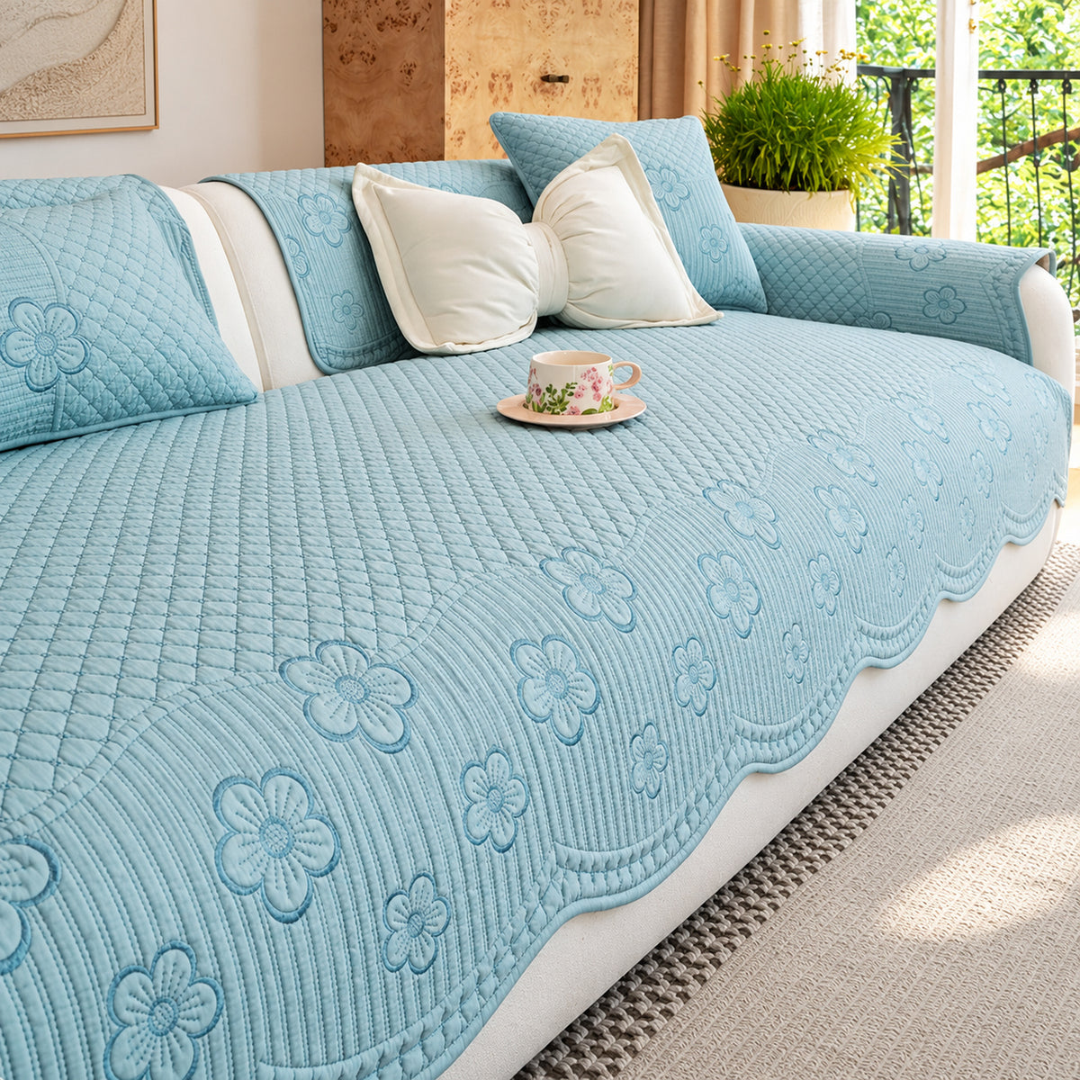 Scalloped Floral Cotton Sofa Cover | Non-Slip & Machine Washable