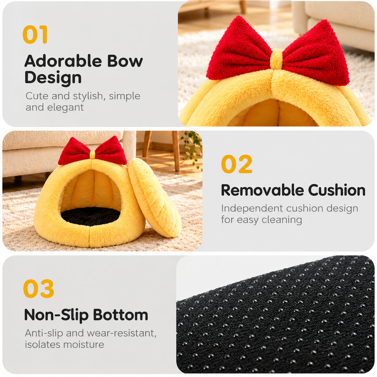 Cat Bed & Small Dog Bed | Cosy Cave with Bow Detail & Washable Cushion