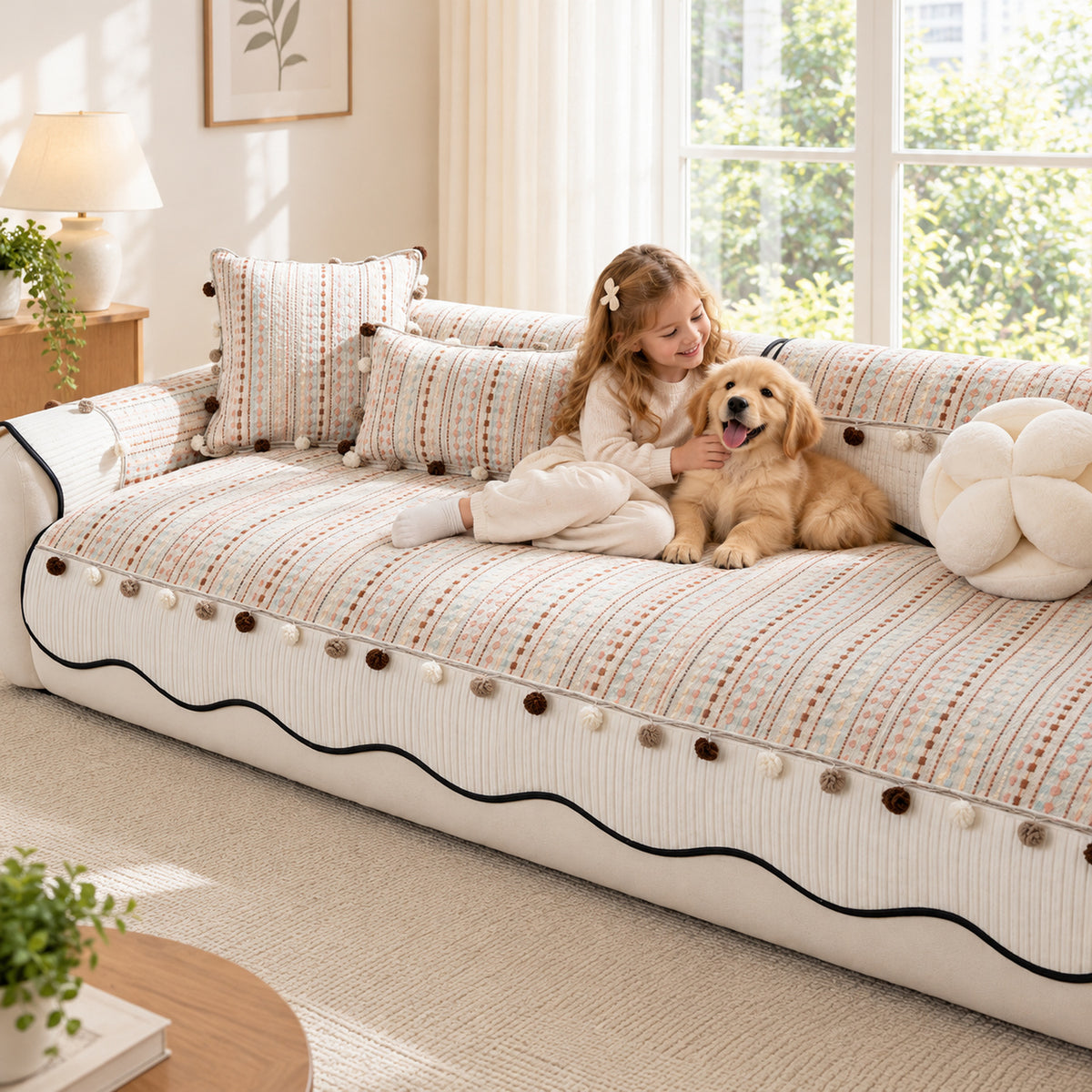 Sofa Cover in Chenille with Pom-Pom Trim | Non-Slip & Scratch-Resistant