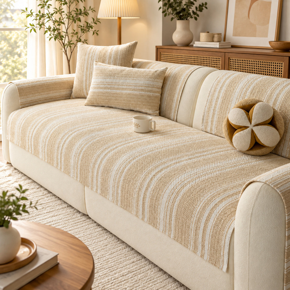 Striped Chenille Sofa Cover | Non-Slip Sofa Protector | Scratch-Resistant