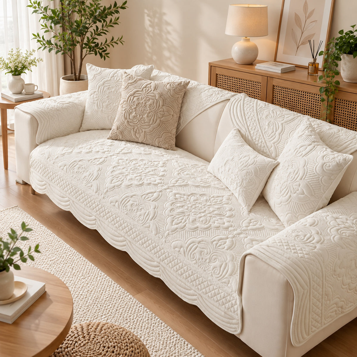 Sculpted Bloom Sofa Cover | Plush Polyester | Non-Slip & Washable