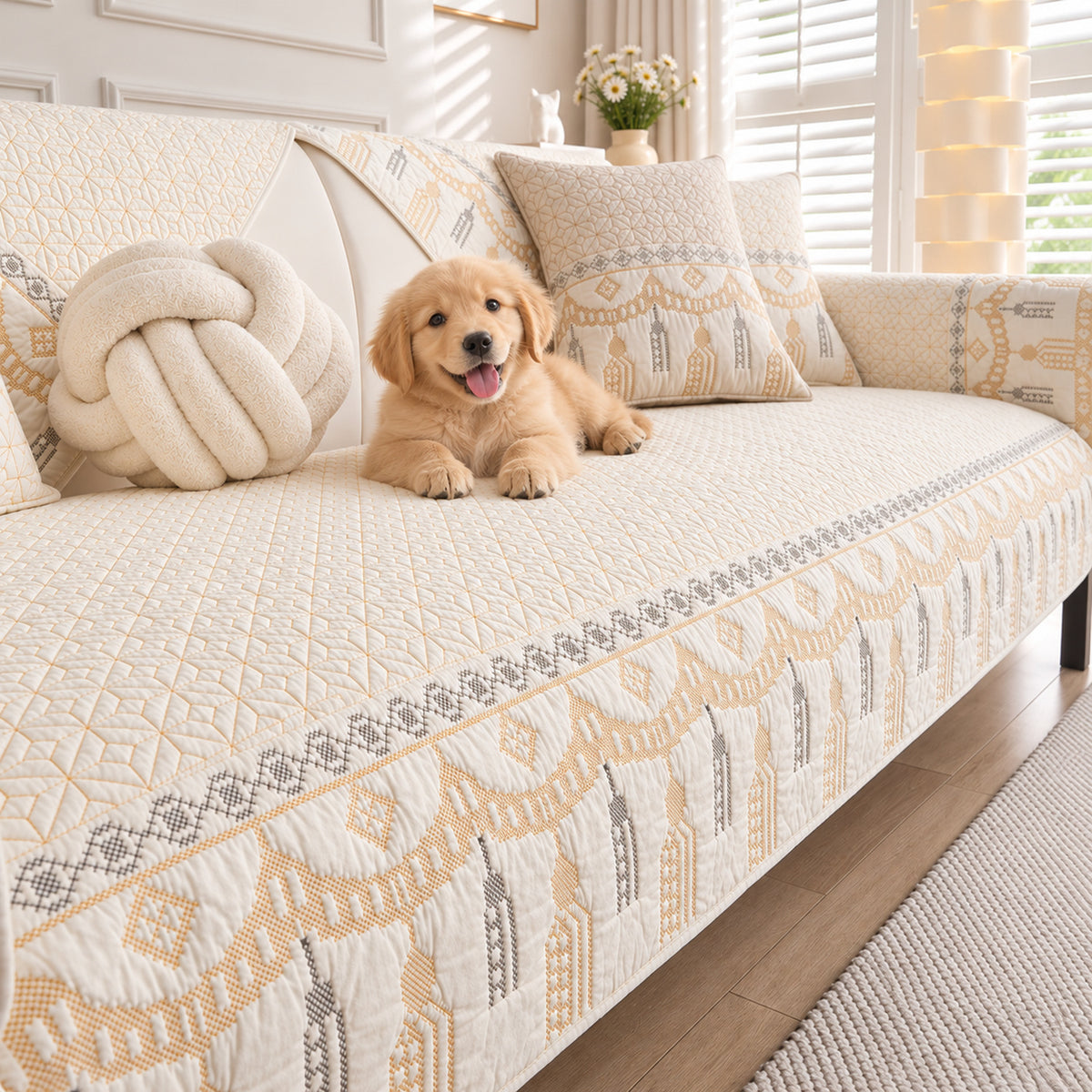 Embroidered Cotton Sofa Cover | Non-Slip Sofa Protector | Machine Washable