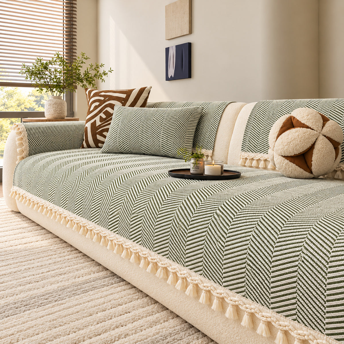 Chevron Cotton-Linen Sofa Cover | Non-Slip Sofa Protector with Tassels